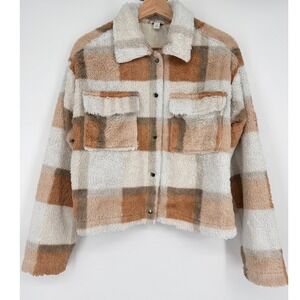 Cato Plaid Fuzzy‎ Teddy Shacket Jacket Size S Orange Brown Cream